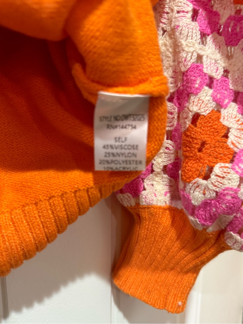 DAVI & DANI Orange Knit Sweater with Pink and Cream Crochet Sleeves - Picture 5 of 7